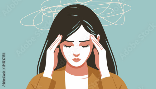 a woman holding her head , shows an expression of pain, perhaps a tired migraine, headache, problem