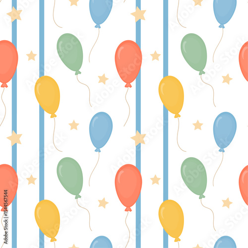 Seamless birthday pattern for packaging and wrapping paper. Multicolored flying balloons, beige stars and blue stripes on a white background. Vector illustration. Holiday print. Ornament.