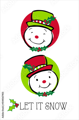 Whimsical Vintage Snowman Head Isolated Pattern with Candy Cane and Holly leafs. Let it Snow Text- Christmas Snowman Isolated Vector Illustration, good for Christmas print project