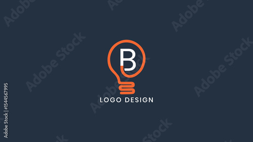 Creative B letter logo with integrated light bulb icon in orange and white on dark blue background, perfect for innovation branding, idea startups, and tech identity