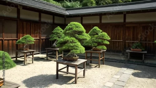 Bonsai trees in a Japanese garden courtyard