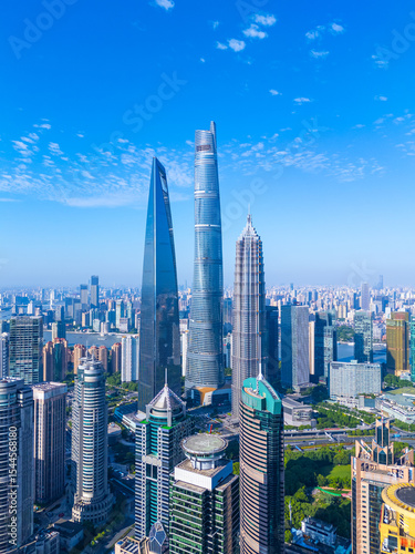 Aerial view of Shanghai skyline in downtown on sunny day.