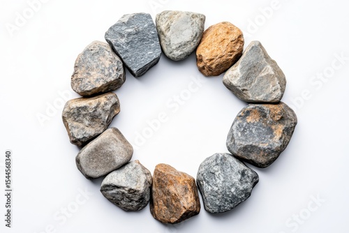 Stones form an imperfect circle like life s cycles and connections stark white on white background. Generative Ai