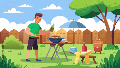 Backyard Barbecue Party Scene: A cheerful summer design featuring a man grilling food, perfect for branding, websites, or social media posts.