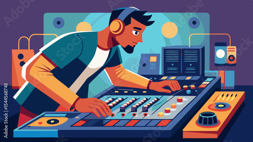 A vibrant music producer working on a mixing console, creating a dynamic audio studio scene perfect for branding projects, website design, and promotional materials.