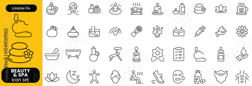 Wellness and Spa Line Editable Icons set. Vector illustration in modern thin line style of components of a healthy lifestyle, face and body care, recreation. Pictograms and infographics