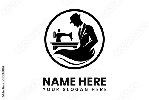 Silhouette of a tailor in a suit and hat using a sewing machine, contained within a circle.