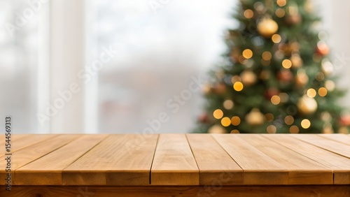 Empty wooden table top with abstract warm living room decor with Christmas tree string light blur background with snow, Holiday backdrop, Mock up banner for display of advertising product