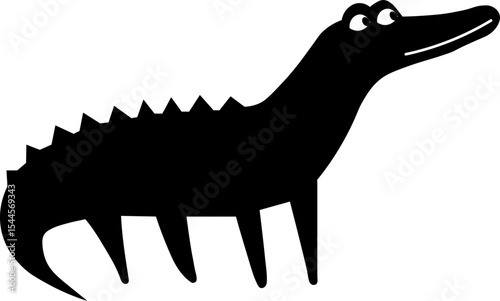 Cartoon crocodile illustration, black silhouette with six legs, white smiling mouth, and playful eyes, isolated on transparency background, simple and whimsical animal art