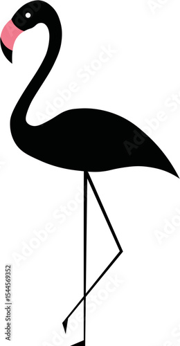 Black flamingo silhouette, standing on one leg with pink beak, minimalistic style, isolated on transparency background, simple and elegant, suitable for decoration or design