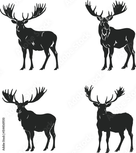 Set of diverse deer and reindeer, stag, elk, and moose, animal silhouettes vector illustrations