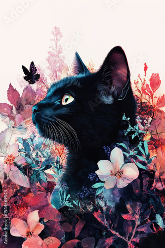 Digital art of black cat with colourful flowers over white background, Illustration animal poster