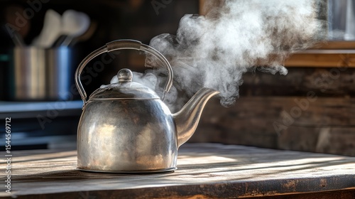 Stainless steel kettle steaming on wooden countertop