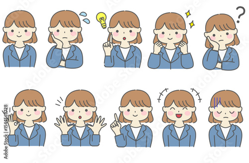 色々なポーズのスーツの女性のシンプルなイラスト