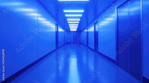 Blue-lit, sterile hallway, extending into the distance