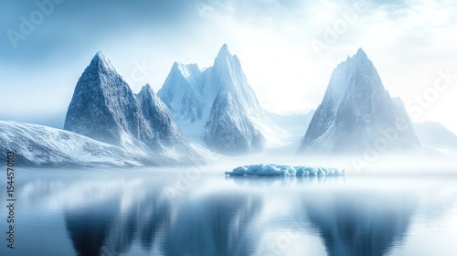 Misty arctic mountains reflecting on a serene lake