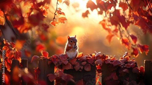 Autumnal squirrel on a wooden fence, bathed in golden sunlight, surrounded by vibrant fall foliage