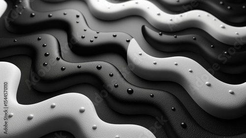 Abstract black and white design with droplets. A close-up view of wavy textures in black and white, decorated with small droplets of water creating a dynamic visual effect.