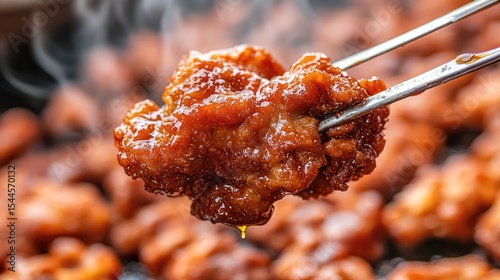 Close-up of a piece of browned, glazed chicken, being held by metal tongs over a grill