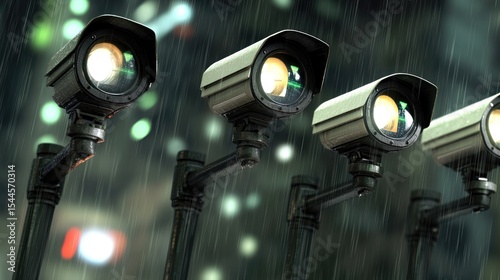 Four security cameras in rain, city lights blurred background