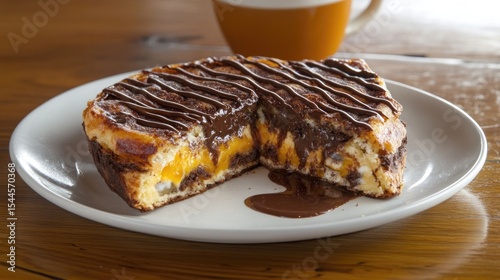 Sliced cheesecake with chocolate drizzle, on a plate