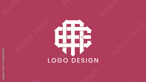 Bold white EM monogram logo design with geometric structure on red background, ideal for tech, architecture, or professional business branding identity