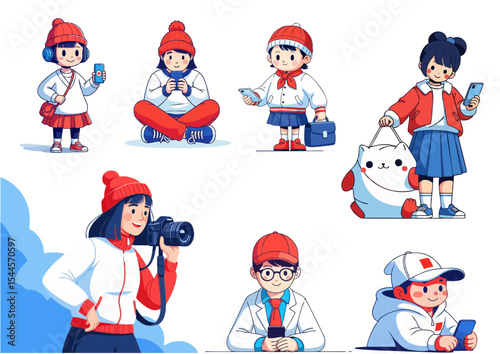 Kids interacting with technology and each other in a colorful illustration with copy space