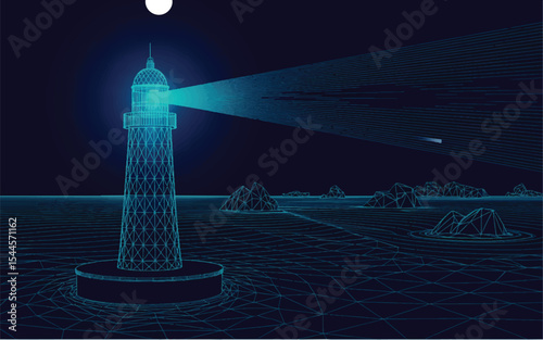 Lighthouse Guiding the Night: A digital rendering of a lighthouse casting a beam of light across a dark, wavy sea, illuminating a path amidst rocky islands under a moonlit sky.
