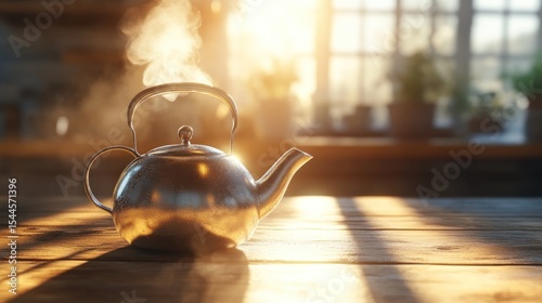 A stainless steel teakettle on a wooden table, steam rising, bathed in golden sunlight streaming through a window