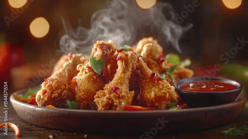 Crispy fried chicken drumsticks, steaming hot, with dipping sauce