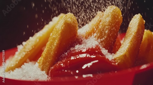 Crispy french fries topped with sugar and ketchup on a red plate