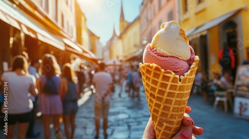 Hand holds ice cream cone in a crowded European city street. Sunlight bright