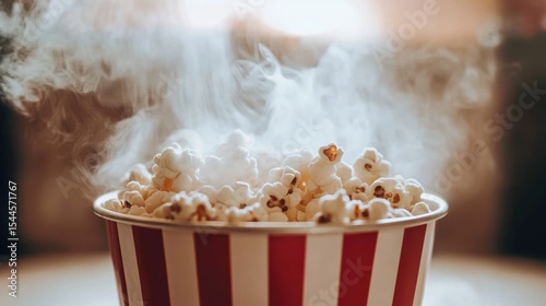 Steam rising from a striped popcorn bowl