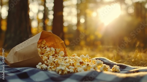 Popcorn spills from brown paper bag onto checkered blanket in autumn forest. Sunlight streams through trees