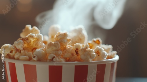 Close-up of steaming popcorn in a striped container