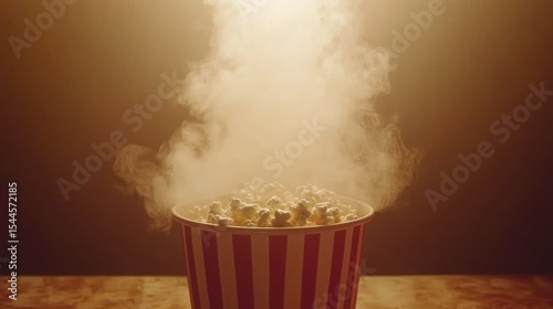 Popcorn in a striped container, steaming, dramatic lighting