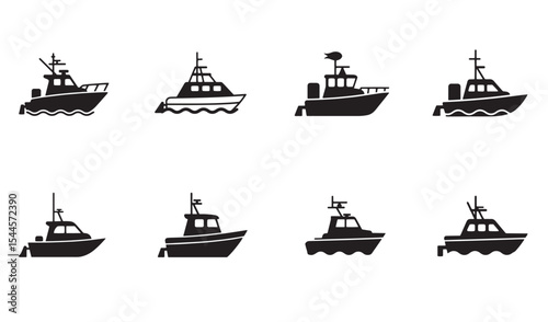 Collection of black and white boat icons representing various vessel designs and outlines