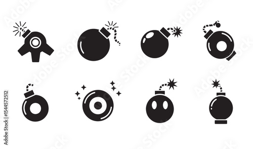 Collection of black and white bomb icons displaying diverse shapes and explosive designs