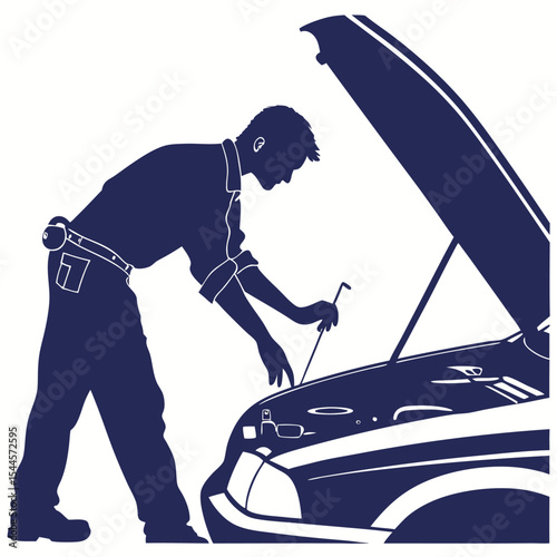Man silhouette repairing a car engine leaning .eps