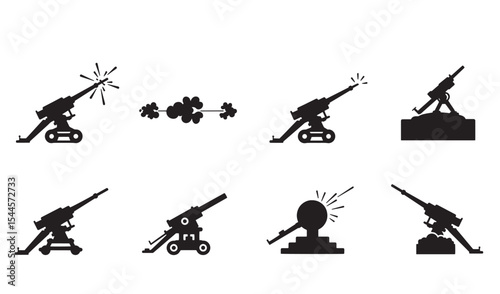 Collection of black silhouetted cannon illustrations depicting military weaponry and ammunition firing