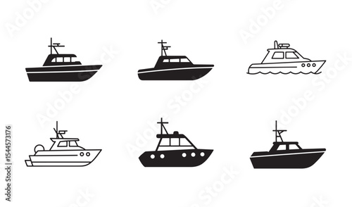 Collection of six black and white boat illustrations for transportation and maritime themes