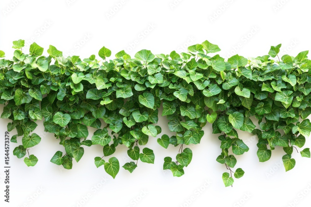 Fototapeta premium Overflowing verdant ivy cascading down a stark white wall bringing life with on white background. Generative Ai