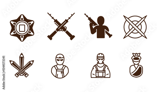 Collection of various silhouette iconography representing war security protest and authority in simple styles