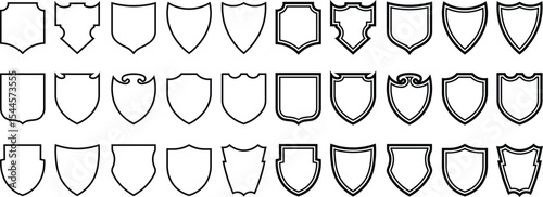 Collection of various shield shapes and designs in black and white isolated on white