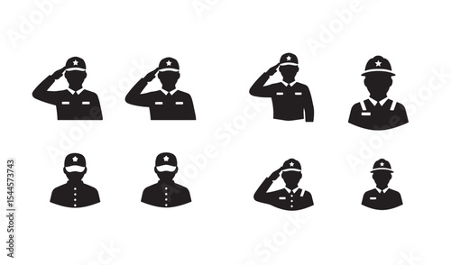 Set of black silhouetted figures of military personnel saluting isolated on white background