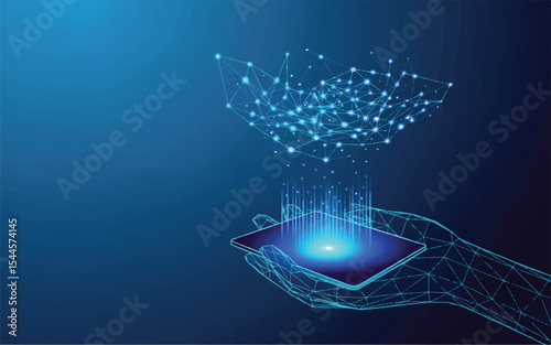 Digital Connection: A network of connected nodes, forming a digital cloud, levitates from a hand-held device. The image visualizes a seamless digital connection.