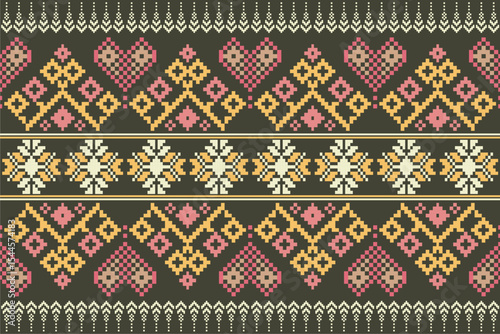 Cross Stitch pattern with Floral Designs. Traditional cross stitch needlework. Geometric Ethnic pattern, Embroidery, Textile ornamentation, fabric, Hand stitched pattern, Cultural stitching pixel art.