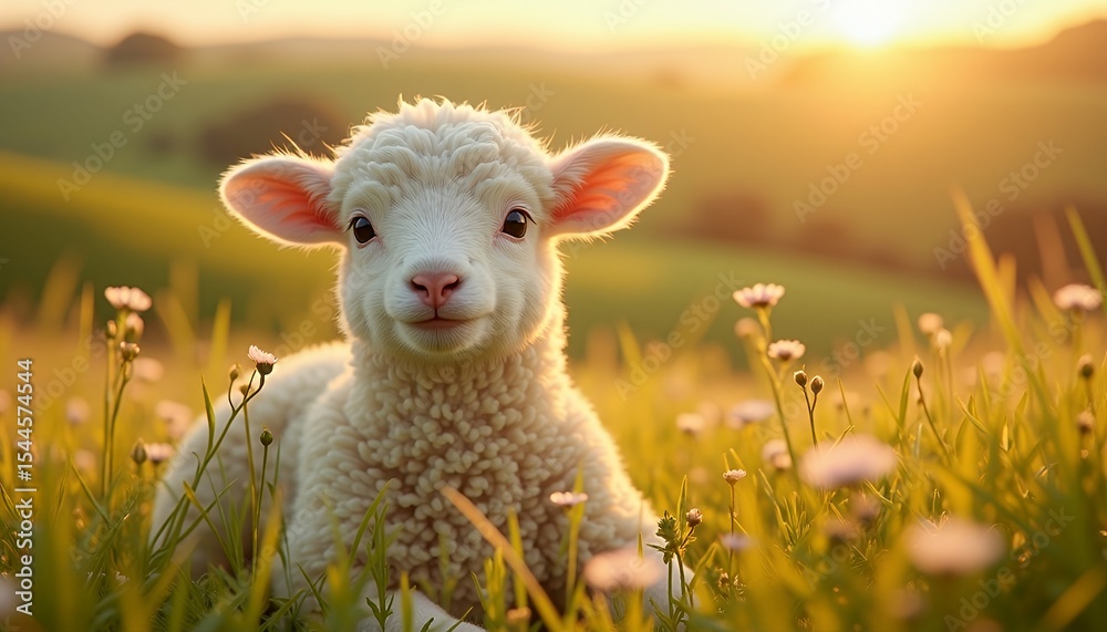 Obraz premium Adorable Lamb in Sunset Meadow