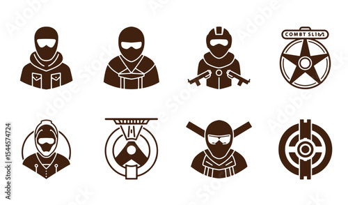 Vector illustrations of soldiers and military badges representing tactics and combat elements