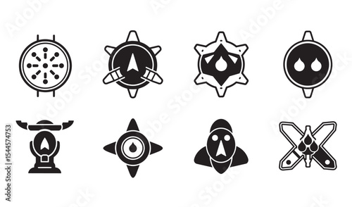 Vector illustrations of various icon designs in a stylish black and white graphical format